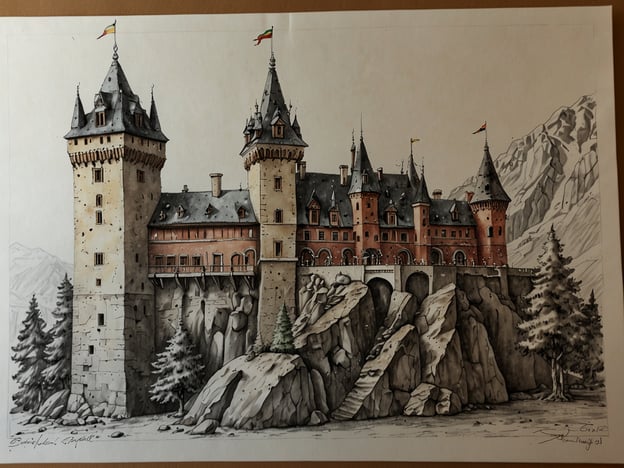 Auf dem Bild ist eine beeindruckende mittelalterliche Burg oder ein Schloss abgebildet. Es erinnert an die romantischen Burgen der deutschen Landschaft, wie zum Beispiel Schloss Neuschwanstein oder Hohenzollern. Diese Art von Architektur zeigt oft hohe Türme, Zinnen und eine malerische Lage, häufig umgeben von Bergen oder Wäldern. Die Kombination aus Felsen, Bäumen und der Burg vermittelt ein Gefühl von Märchenhaftigkeit und Geschichte, das typisch für viele deutsche Sehenswürdigkeiten ist. Solche Schlösser sind beliebte touristische Attraktionen und ziehen viele Besucher an, die die beeindruckende Architektur und die atemberaubende Natur genießen möchten.