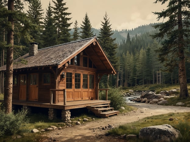 Auf dem Bild ist eine idyllische Holzhütte in einer malerischen Waldlandschaft zu sehen. Umgeben von hochgewachsenen Bäumen und einer ruhigen Flusslandschaft strahlt die Szenerie eine entspannte Atmosphäre aus, die perfekt für Erholung und Wellness in Tirol geeignet ist. Solche Rückzugsorte laden dazu ein, die Natur zu genießen, abzuschalten und neue Energie zu tanken, was ideal für Wellness-Fans ist, die Ruhe und Frieden suchen.