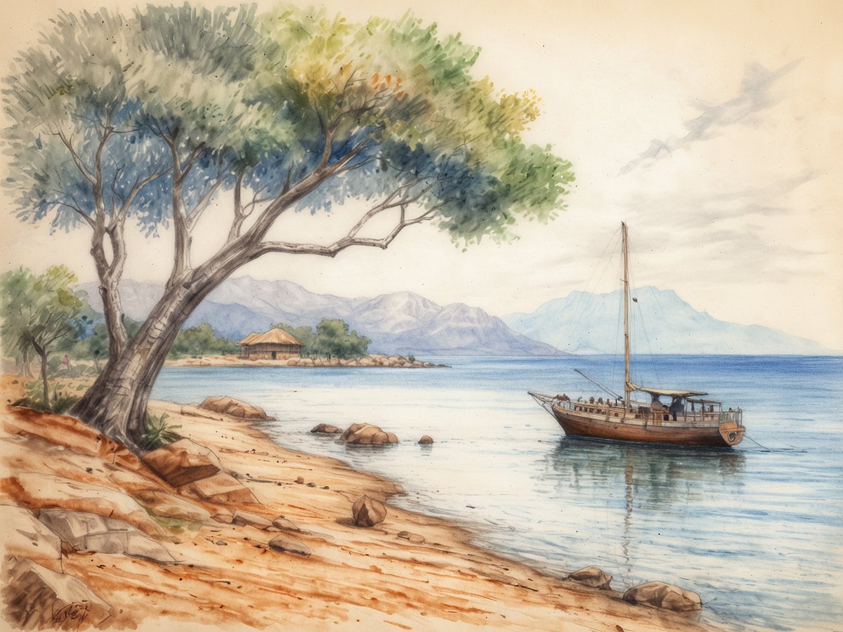 Eine malerische Landschaft am Malawisee mit einem ruhigen Ufer. Im Vordergrund ist ein sandiger Strand mit einigen runden Steinen und einem großen Baum, dessen Ausläufer ins Bild ragen. Auf dem Wasser liegt ein traditionelles Holzboot, das an einer leichten Welle schaukelt. Im Hintergrund sind sanfte Hügel und weitere Bäume zu sehen, während der Himmel leicht bewölkt ist. Die Szenerie strahlt eine friedliche und einladende Atmosphäre aus.