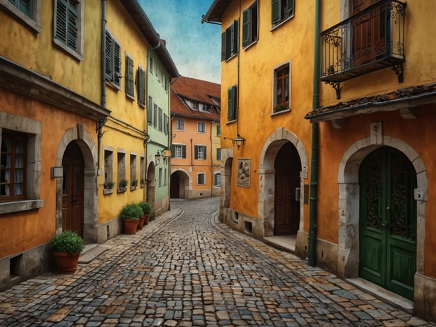 Auf dem Bild ist eine malerische, engere Straße mit bunten Gebäuden zu sehen, die durch cobblestone Pflasterung charakterisiert wird. Es gibt zahlreiche Fenster mit Fensterläden und einige Pflanzen in Töpfen. Die Architektur und die Farben erinnern an historische europäische Städte. Entdecke die Altstadt von Graz, wo solche charmanten Gassen und lebhaften Farben ebenfalls zu finden sind. Die Altstadt bietet viele enge Gassen, bezaubernde Häuser und eine reiche Geschichte, die perfekt für Spaziergänge und Erkundungen geeignet sind.