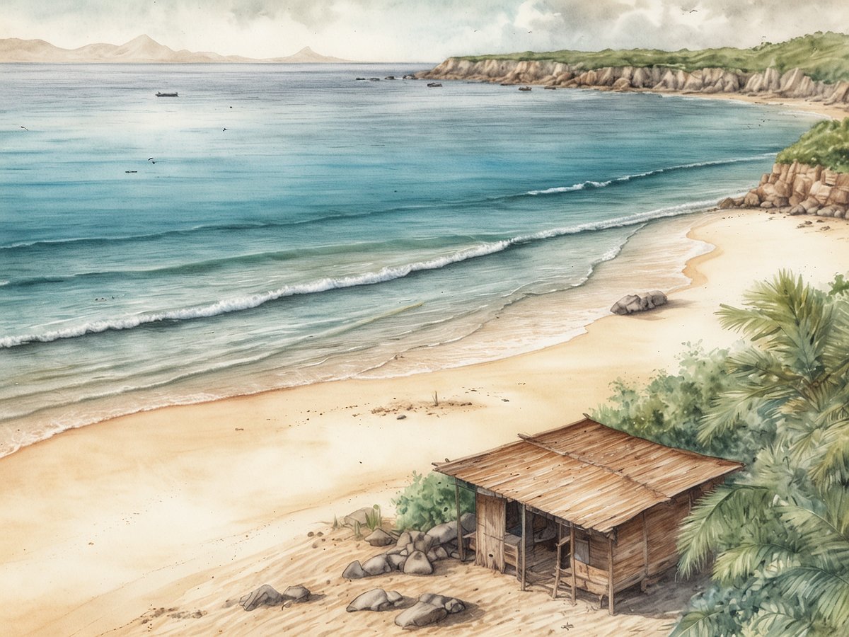 Ein malerischer Strand in Mosambik zeigt sanfte Wellen, die an den goldenen Sandstrand schlagen. Im Vordergrund steht eine einfache Holzhütte mit einem schrägen Dach, umgeben von grünen Pflanzen und kleinen Felsen. Die ruhige Küstenlinie wird von sanften Hügeln und einem klaren, blauen Himmel im Hintergrund flankiert. Einige Boote sind in der Ferne sichtbar, während sich die Wellen sanft über das Wasser ausbreiten.