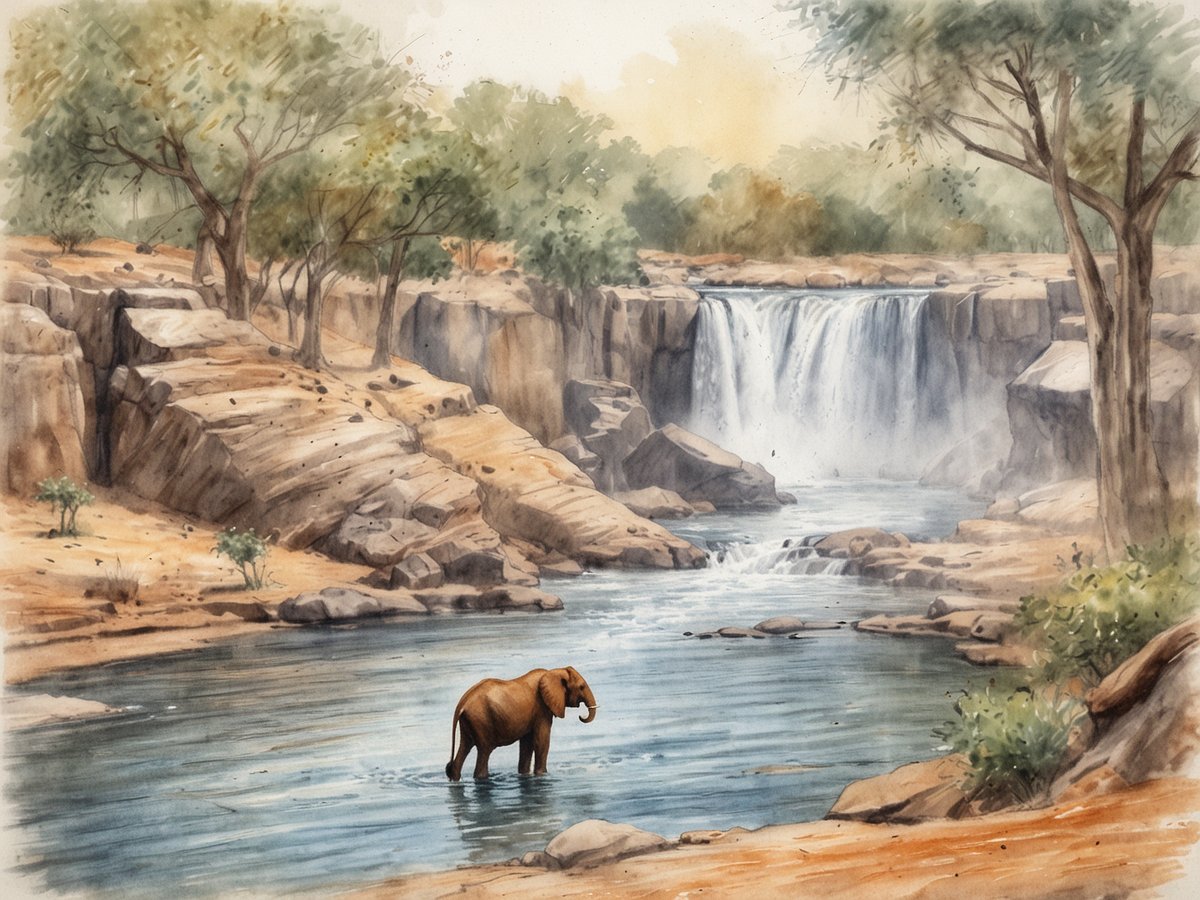 Ein majestätischer Elefant steht im flachen Wasser eines ruhigen Flusses, umgeben von beeindruckenden Felsen und üppiger Vegetation. Im Hintergrund stürzt ein Wasserfall sanft in das Wasser, während Bäume und Sträucher die Landschaft säumen. Die sanften Farben und der malerische Charakter der Szenerie vermitteln ein Gefühl von Ruhe und natürlicher Schönheit, das das Abenteuer im Herzen Afrikas verkörpert.