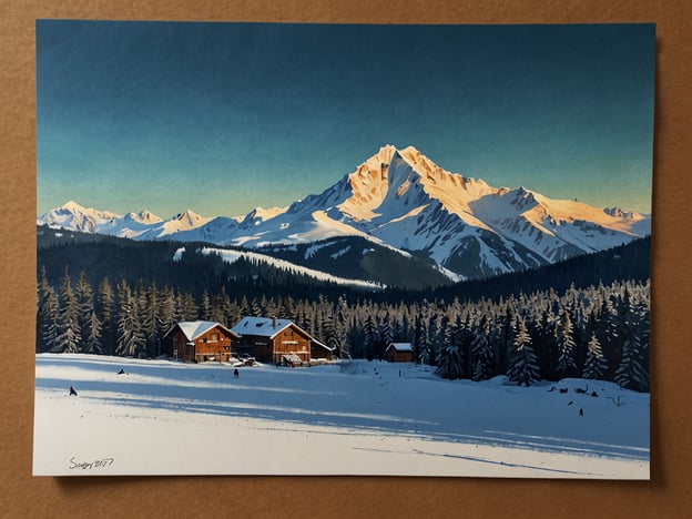 Auf dem Bild sieht man eine winterliche Berglandschaft mit schneebedeckten Gipfeln und einer ruhigen, verschneiten Ebene. Im Vordergrund befinden sich einige Holzhäuser, umgeben von Tannenbäumen. 

Die ideale Reisezeit für solch eine Landschaft ist typischerweise von Dezember bis Februar, wenn die Schneeverhältnisse am besten sind. Die Wetterbedingungen sind meist kalt und sonnig, perfekt für Wintersportarten wie Skifahren oder Snowboarden. Diese Atmosphäre lädt auch zu gemütlichen Spaziergängen in der verschneiten Natur ein.