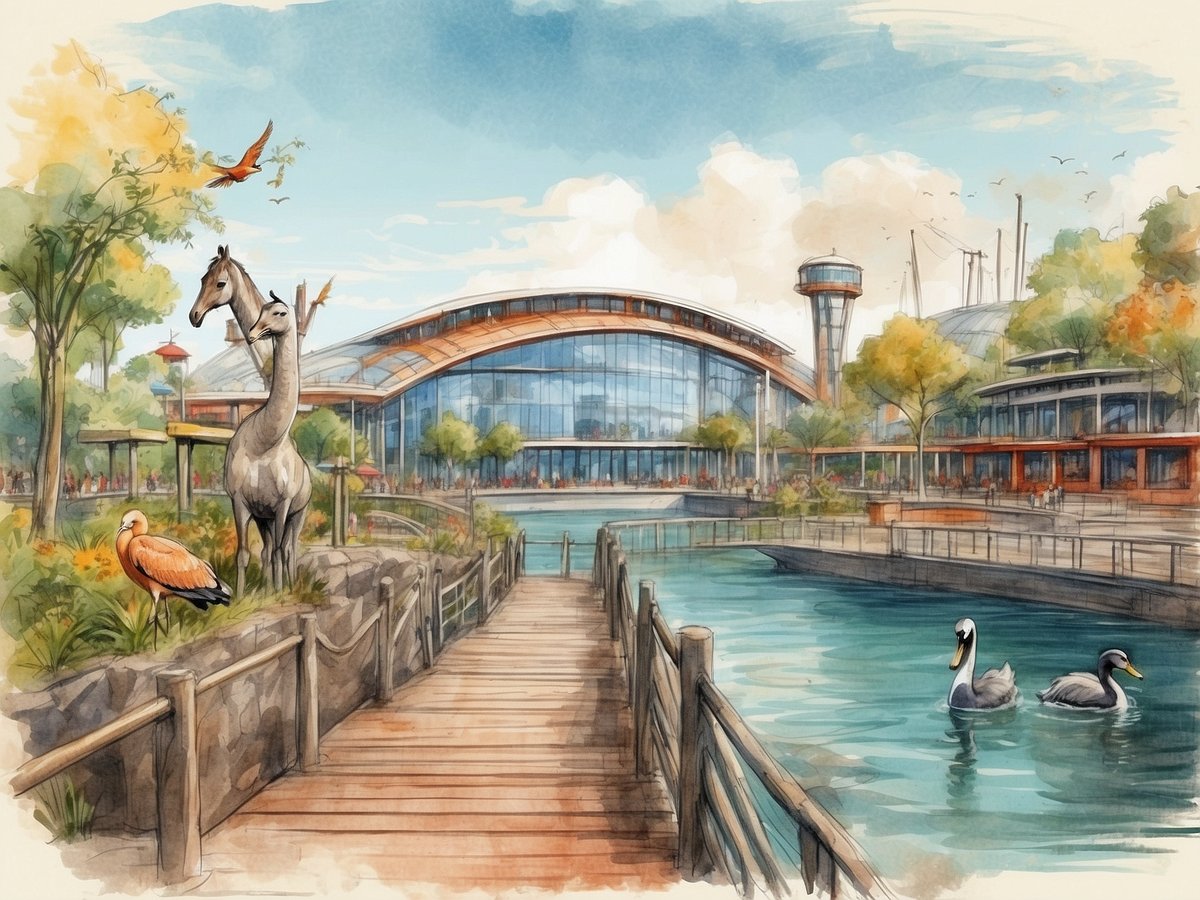 Im Zoo am Meer Bremerhaven ist eine malerische Szene zu sehen. Im Vordergrund führt ein holzgeplankter Weg entlang eines Gewässers. Auf der linken Seite stehen zwei Giraffen, die neugierig in die Umgebung blicken. Neben ihnen sitzt ein oranger Vogel auf einem Stein. Im Wasser schwimmen eine anschmiegsame Schwäne und Enten. Im Hintergrund ist ein modernes Gebäude mit großen Fenstern und einem markanten Dach sichtbar, umgeben von grünen Bäumen. Spaziergänger sind in der Nähe zu sehen, die das lebhafte Ambiente genießen.
