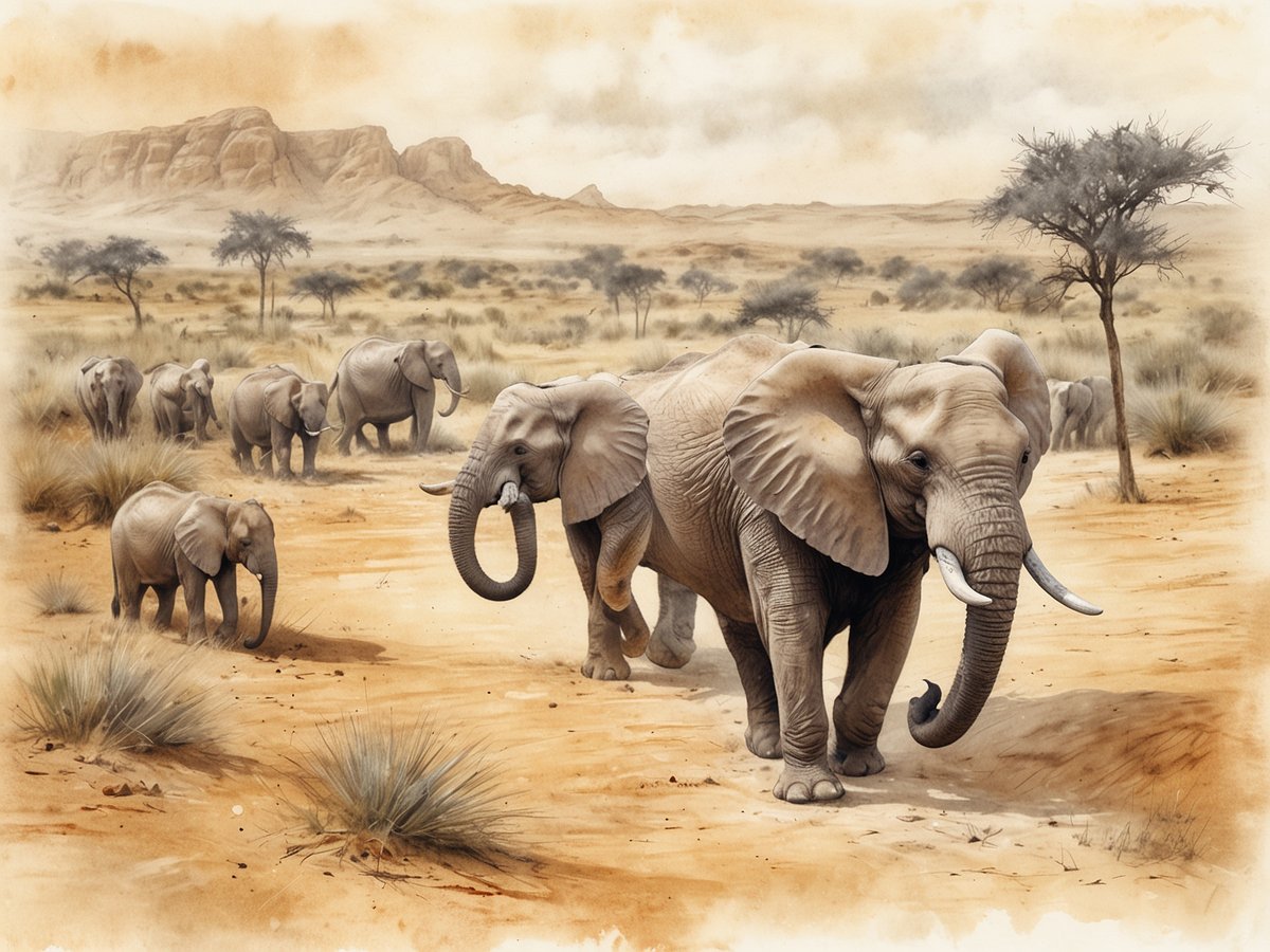 Eine Gruppe von Elefanten bewegt sich durch eine trockene, sandige Landschaft. Im Hintergrund sind sanfte Hügel und vereinzelte Akazienbäume zu sehen, die das Bild einer weiten savannenähnlichen Szenerie vervollständigen. Die Elefanten sind unterschiedlich groß, darunter auch jüngere Tiere, und sie scheinen in einer harmonischen Herde zu wandern. Die Farbpalette ist in sanften Erdtönen gehalten, die die natürliche Schönheit und Ruhe der afrikanischen Landschaft unterstreichen.