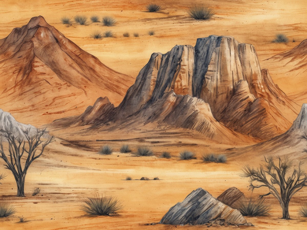 Eine eindrucksvolle Wüstenlandschaft in Namibia mit sanften Hügeln und markanten Felsen. Die Umgebung ist geprägt von erdigen Orangetönen und braunen Nuancen, unterbrochen von einigen spärlichen, dornenbewachsenen Pflanzen. Ein halb trockener Baum steht in der Mitte, während weitere schroffe Felsen und die bewaldete Hügelkette die Szenerie umrahmen. Die Weite der Landschaft vermittelt ein Gefühl von Wildnis und Abgeschiedenheit.