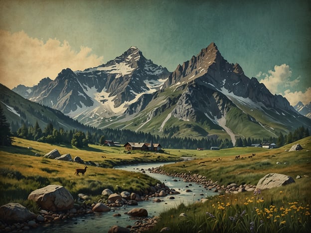 Auf dem Bild ist ein einzigartiges Naturparadies zu sehen. Majestätische Berge mit schneebedeckten Gipfeln erheben sich über eine grüne Wiese, die von einem klaren Fluss durchzogen wird. In der sanften Landschaft sind einige kleine Hütten und Tiere zu sehen, die harmonisch in die beeindruckende Natur eingefügt sind. Die Farben und die Atmosphäre strahlen Ruhe und Schönheit aus.