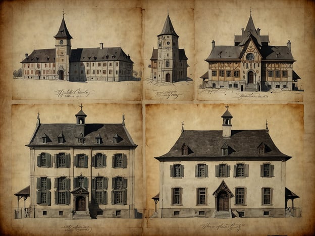 Auf dem Bild sind verschiedene architektonische Zeichnungen historischer Gebäude zu sehen. Diese Illustrationen zeigen eine Vielfalt an Stilen, die häufig in alten europäischen Städten zu finden sind, mit markanten Merkmalen wie hohen Türmen, großzügigen Fensteröffnungen und prächtigen Eingangsbereichen.

1. **Oben links**: Das Gebäude hat einen hohen Turm, möglicherweise eine historische Uhr oder ein Rathaus, das oft als Zentrum des gesellschaftlichen Lebens diente.
2. **Oben rechts**: Hier sieht man ein Fachwerkhaus, typisch für die deutsche Architektur, das oft in Städten und Dörfern des Mittelalters zu finden war.
3. **Unten links**: Das beeindruckende mehrstöckige Gebäude könnte ein ehemaliges Hotel oder eine Schule sein, errichtet in einer Zeit, als sich Bildung und Erziehung stärker verwurzelten.
4. **Unten rechts**: Mit seinem markanten Eingang und den hohen Fenstern vermittelt dieses Gebäude den Eindruck eines alten Herrenhauses oder einer Kapelle, welches oft mit dem adeligen Leben des 18. und 19. Jahrhunderts in Verbindung gebracht wird.

Diese Zeichnungen repräsentieren nicht nur architektonische Schönheit, sondern auch kulturelle Highlights und das historische Erbe der Region, in der sie sich befinden. Sie sind Zeugen vergangener Epochen, in denen Architektur eine wichtige Rolle im Alltagsleben spielte.