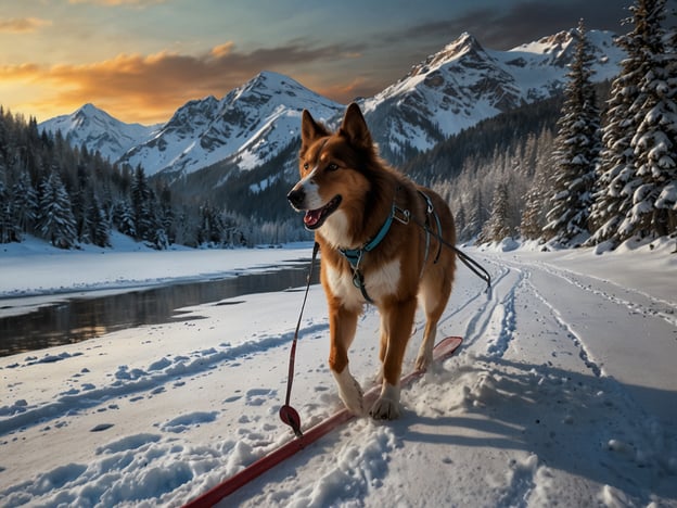 Auf dem Bild ist ein Hund zu sehen, der durch eine winterliche Landschaft geht, umgeben von Schnee und Bergen. Hier sind Aktivitäten für jede Jahreszeit:

**Frühling:** Im Frühling könnte man mit dem Hund im Park spazieren gehen und die blühenden Blumen genießen.

**Sommer:** Im Sommer wäre ein Ausflug zum Schwimmen in einem See oder ein Picknick im Freien mit dem Hund schön.

**Herbst:** Im Herbst könnte man gemeinsam durch die bunten Blätter im Wald laufen und die kühle Luft genießen.

**Winter:** Im Winter, wie auf dem Bild, ist das Hundeschlittenfahren oder Winterwandern eine tolle Möglichkeit, Zeit im Freien zu verbringen.