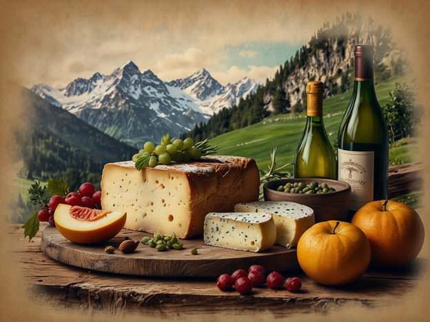 Auf dem Bild sind eine Vielzahl von kulinarischen Köstlichkeiten und regionalen Spezialitäten zu sehen. Im Vordergrund befindet sich ein großer Käselaib, wahrscheinlich ein typischer Käse aus einer Alpenregion, umgeben von frischem Obst wie Trauben und Zitrusfrüchten. Neben dem Käse sind auch verschiedene Sorten wie Blauschimmelkäse präsentiert. 

Darüber hinaus stehen zwei Flaschen Wein, möglicherweise regionale Weine aus einem Gebirgsanbaugebiet, und eine Schüssel mit grünen Erbsen auf einem rustikalen Holzbrett. Die idyllische Berglandschaft im Hintergrund verstärkt den regionalen Charakter und vermittelt das Gefühl von frischen, handwerklichen Produkten aus der Umgebung.