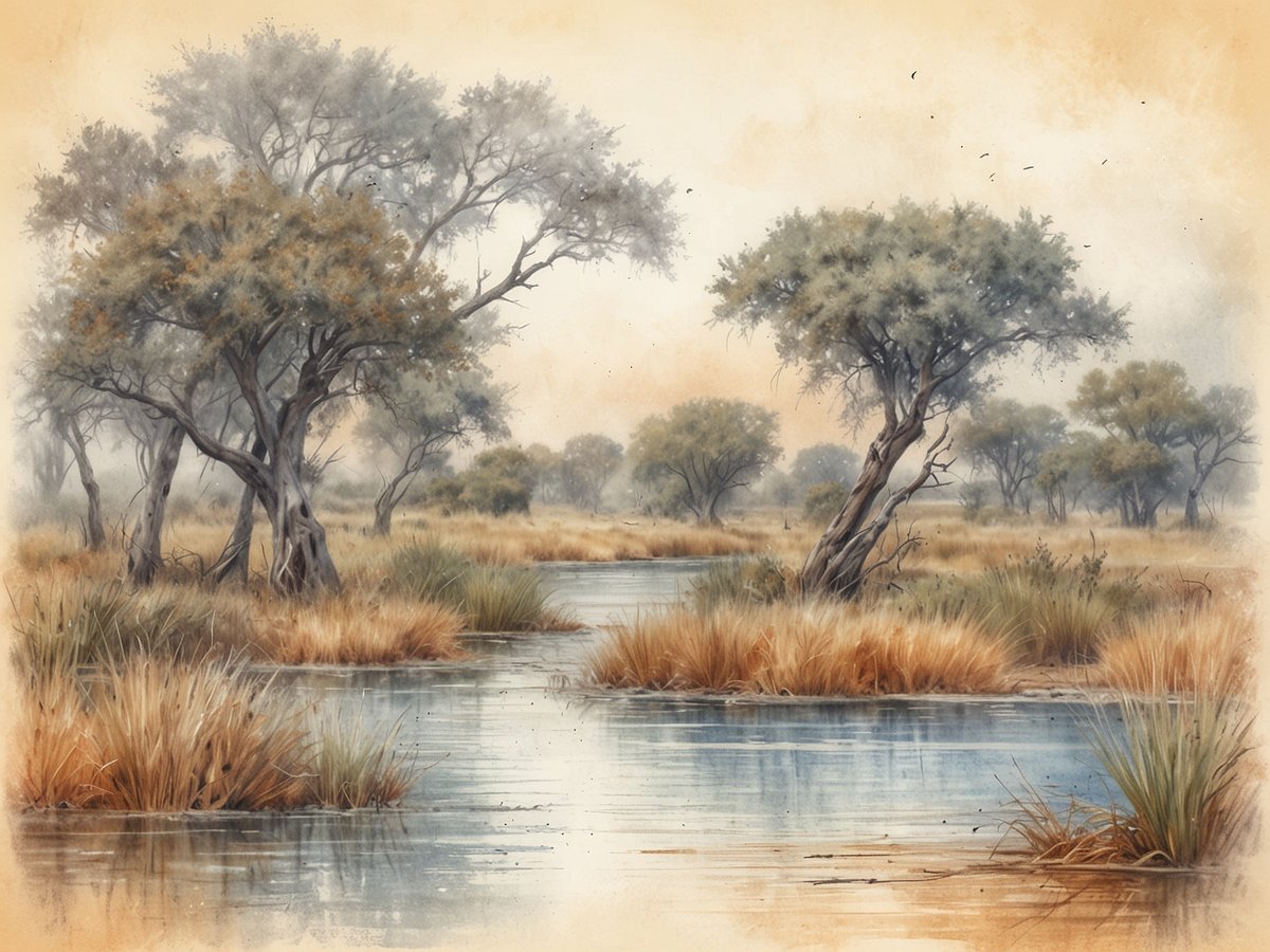 Eine ruhige Landschaft im Okavango-Delta in Botswana ist zu sehen, mit sanften Wasserläufen und üppigem, goldenem Schilf. Eingebettet in die Szenerie sind mehrere Bäume, deren Blätter in sanften Grüntönen schimmern. Die Atmosphäre wirkt friedlich und verträumt, mit einem warmen Farbton, der den Himmel erleuchtet und die natürliche Schönheit des Deltas hervorhebt.