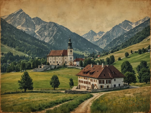 Auf dem Bild ist eine malerische Landschaft zu sehen, die typische Merkmale der Alpenregion zeigt. Im Vordergrund sieht man ein Landhaus mit einem roten Dach, umgeben von Wiesen und Bäumen. Im Hintergrund erhebt sich eine beeindruckende Kirche mit einem markanten Turm, die auf einer kleinen Anhöhe steht. Die Berge, die die Szenerie umrahmen, sind majestätisch und teilweise schneebedeckt, was eine eindrucksvolle Kulisse bildet. Diese Art von Landschaft erinnert an die idyllische Natur der Steiermark, die für ihre sanften Hügel, Weiden und ländliche Architektur bekannt ist. Die ruhige Atmosphäre und die natürliche Schönheit der Umgebung laden zu Erkundungen und Erholung in der Natur ein.