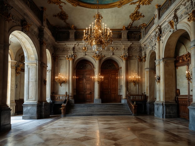 Auf dem Bild ist ein prächtiger Saal mit eleganten architektonischen Details zu sehen. Die großen Säulen, der kunstvolle Kronleuchter und die antiken Türen verleihen dem Raum einen historischen Charme. Dies erinnert stark an das Kunsthaus Graz, ein Top-Sehenswürdigkeit in der Steiermark, bekannt für seine beeindruckende Architektur und kulturellen Veranstaltungen. Auch das Schloss Eggenberg, ein UNESCO-Weltkulturerbe, könnte eine ähnliche Atmosphäre ausstrahlen mit seinen opulenten Räumen und geschichtsträchtigen Elementen.