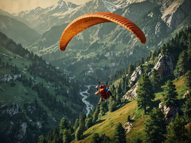 Auf dem Bild ist ein Paraglider zu sehen, der über eine malerische Berglandschaft fliegt. Diese Aktivität gehört zu den beliebten Outdoor-Sportmöglichkeiten, die Menschen ermöglichen, die Natur aus der Vogelperspektive zu erleben. Paragliding bietet nicht nur den Nervenkitzel des Fliegens, sondern auch atemberaubende Ausblicke auf die umliegenden Berge und Täler. Solche Aktivitäten sind ideal für Abenteuerliebhaber und Naturliebhaber, die gerne die Freiheit und Schönheit der Natur genießen.