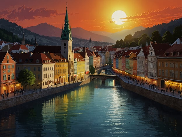 Auf dem Bild ist eine malerische Abendstimmung einer Stadt mit einem Fluss, der von bunten Häusern gesäumt wird. Diese Szenerie erinnert an Stadtfeste und kulturelle Events, wie zum Beispiel das "Graz Fest", das jedes Jahr in Graz, der Hauptstadt der Steiermark, stattfindet. Bei diesem Festival werden Musik, Kunst und Kulinarik gefeiert und viele Besucher genießen das bunte Treiben entlang der Mur. Auch das "Steiermark Frühlingsfest" findet oft in einer ähnlichen Atmosphäre statt, wo die Schönheit der Region und ihre besonderen Produkte im Vordergrund stehen.