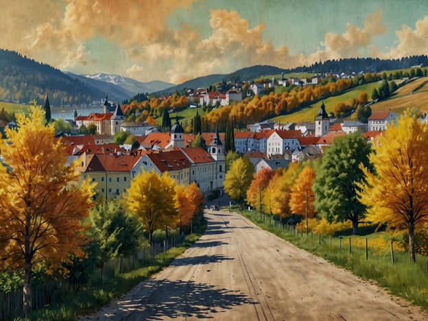 Auf dem Bild ist eine malerische Landschaft mit einem ruhigen Dorf oder einer Stadt zu sehen, umgeben von herbstlichen Bäumen in verschiedenen Gelbtönen. Die Gebäude haben rote Dächer und sind auf sanften Hügeln angeordnet, was eine idyllische Atmosphäre schafft. 

Die beste Reisezeit für Klagenfurt ist in der Regel von Mai bis September, wenn das Wetter warm und die Natur in voller Blüte ist. Besonders im Herbst, wie auf dem Bild zu sehen, kann die Umgebung sehr reizvoll sein, wenn die Blätter sich verfärben und die Temperaturen angenehm sind.