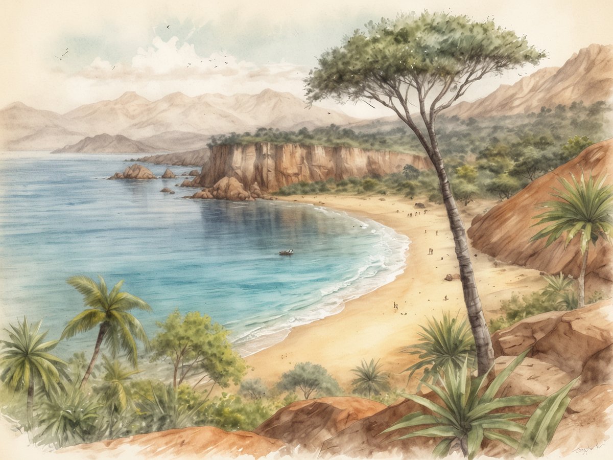 Blick auf eine malerische Küstenlandschaft in Madagaskar, wo sanfte Wellen an einen goldenen Sandstrand schlagen. Die Küste wird von steilen, mit üppigem Grün bewachsenen Klippen gesäumt. Über dem Wasser sind einige Boote zu sehen, während am Strand Menschen spazieren gehen. Im Vordergrund rahmen hohe Palmen und tropische Pflanzen die Szene ein. Der Himmel ist hell mit sanften Wolken und die Umgebung strahlt eine ruhige, tropische Atmosphäre aus.