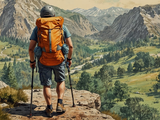 Auf dem Bild ist ein Wanderer zu sehen, der mit einem orangefarbenen Rucksack auf einem Felsen steht. Er blickt auf eine atemberaubende Landschaft mit Bergen, Tälern und einer üppigen, grünen Umgebung. Es handelt sich um eine naturnahe Szene, die Outdoor-Aktivitäten wie Wandern oder Trekking fördert. Die natürliche Schönheit der Berge und Wälder wird in diesem Moment besonders betont.