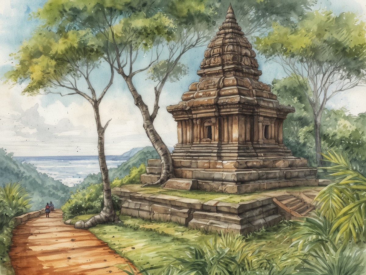 Ein majestätischer Tempel steht auf einem sanften Hügel in Sri Lanka, umgeben von üppigem Grün und hohen Bäumen. Der Tempel hat eine kunstvoll gestaltete Kuppel und ist aus einem warmen, sandfarbenen Stein erbaut. Ein schmaler, gewundener Pfad führt von der Vorderseite des Tempels in Richtung eines Blicks aufs Meer, dessen blaue Wellen in der Ferne zu sehen sind. Zwei Personen schlendern gemütlich auf dem Weg, während die Landschaft friedliche Atmosphäre und natürliche Schönheit ausstrahlt.