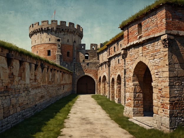 Auf dem Bild ist eine historische Festung oder Burg zu sehen. Sie weist typischen Merkmale wie einen runden Turm, massive Steinmauern und ein Tor auf, das vor allem in mittelalterlichen Burgen verbreitet ist. Solche Bauwerke waren oft strategisch platziert und dienten sowohl zur Verteidigung als auch als Wohnsitz für Adelige. Die umgebende Landschaft zeigt eine gepflegte Rasenfläche, was in der Nähe von historischen Städten oft vorkommt. Solche Orte sind häufig bedeutende touristische Attraktionen und zeugen von der Architektur und Geschichte vergangener Zeiten.