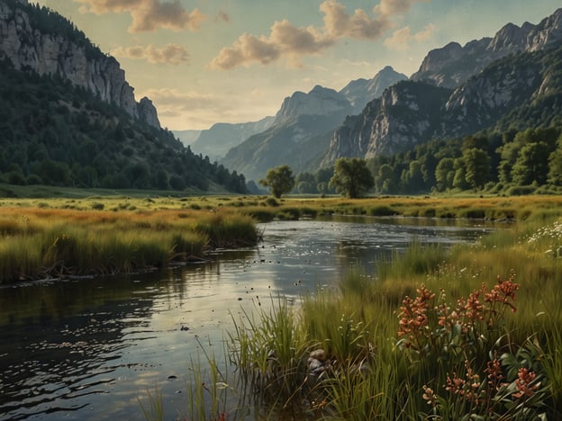 Das Bild zeigt eine malerische Landschaft mit sanften Hügeln und Bergen im Hintergrund, die von einem ruhigen Fluss durchzogen wird. Das Ufer ist gesäumt von üppigem Grün und vereinzelt blühenden Pflanzen. 

In Niederösterreich gibt es viele Naturparadiese, die ähnlich schön sind. Zum Beispiel das "Wachau"-Tal, bekannt für seine Weinlandschaften und die Donau. Oder das "Gesäuse", das beeindruckende Berge und unberührte Natur bietet. Solche Landschaften laden zu Erkundungen und Naturschutzaktivitäten ein.