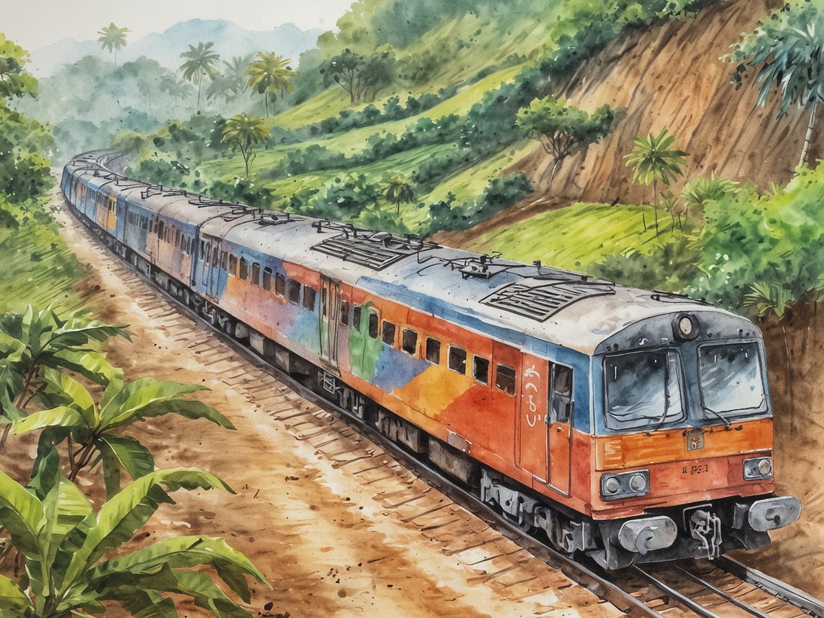 Ein bunt bemalter Zug fährt durch eine malerische Landschaft in Bangladesch. Der Zug ist auf einer Kurve sichtbar, umgeben von üppigen grünen Hügeln und palmenartigen Pflanzen. Die Szenerie ist lebhaft und vermittelt ein Gefühl von Ruhe und Harmonie mit der Natur. Sanfte Hügel im Hintergrund und das Gleis, das sich durch die Landschaft schlängelt, tragen zur idyllischen Atmosphäre bei.