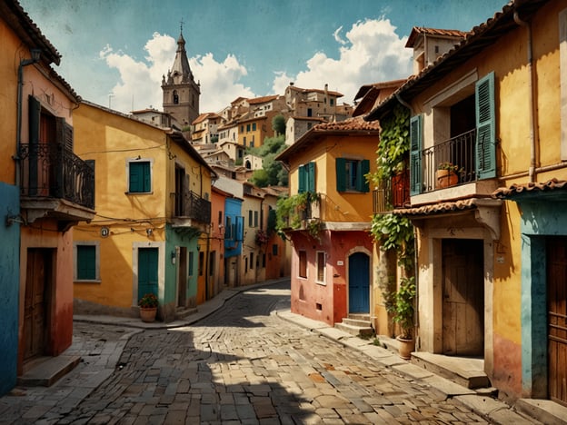 Auf dem Bild ist eine malerische Gasse zu sehen, die von charmanten Häusern mit bunten Fassaden gesäumt wird. Die Gebäudefarben reichen von leuchtendem Gelb und Blau bis zu sanften Rottönen, was den städtischen Flair der Umgebung unterstreicht. Die gepflasterte Straße schlängelt sich sanft zwischen den Häusern, und im Hintergrund ragt ein hoher Kirchturm empor, der dem Dorf eine historische Note verleiht. Die Kombination aus engen Gassen, farbenfrohen Häusern und der idyllischen Landschaft vermittelt das Gefühl eines lebhaften, aber zugleich ruhigen Dorflebens.