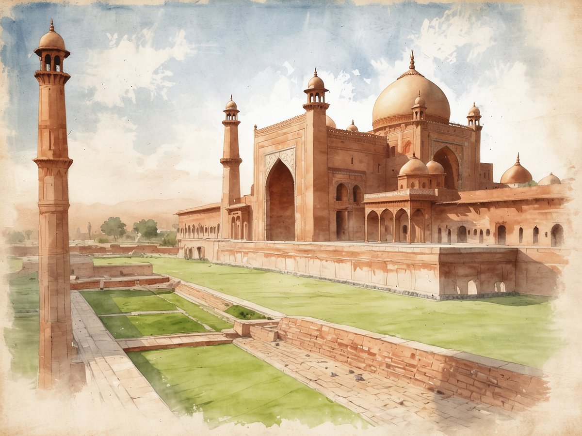 Das Bild zeigt eine beeindruckende historische Stätte in Pakistan, die von leuchtend orangefarbenem Sandstein erbaut ist. Im Vordergrund sind wunderschön gestaltete Gärten zu sehen, die von rechteckigen Steinmauern umgeben sind. Im Hintergrund erhebt sich ein majestätisches Bauwerk mit einer großen Kuppel und mehreren kleinen Türmchen. Die Architektur weist fein ausgearbeitete Details auf, und die gesamte Atmosphäre strahlt eine ruhige, friedliche Schönheit aus. Der Himmel ist hellblau, und sanfte Wolken ziehen vorüber, was die eindrucksvolle Kulisse zusätzlich verstärkt.