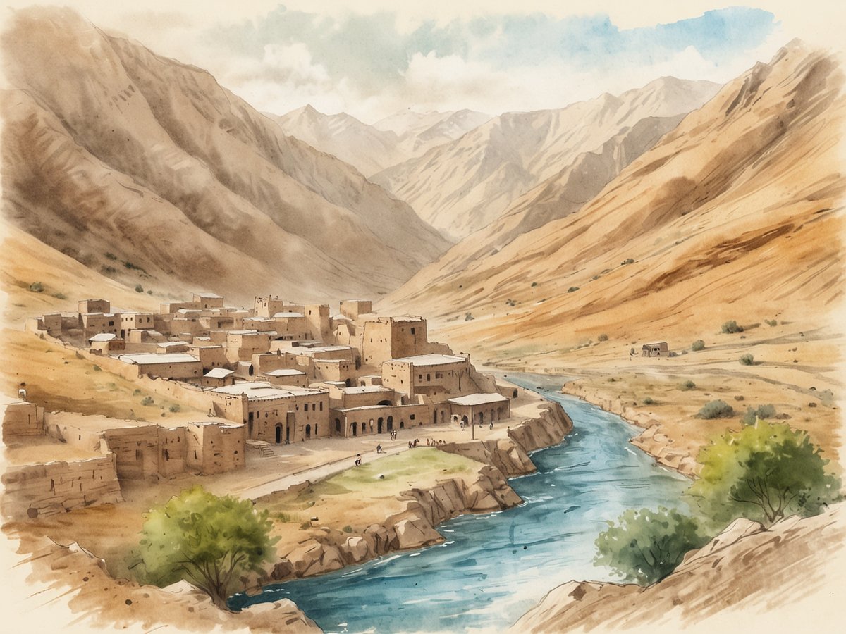 Eine malerische Landschaft in Afghanistan mit einer kleinen Siedlung im Vordergrund, die aus traditionellen Lehmhäusern besteht. Umgeben von sanften, braunen Bergen und einer blauen Wasserstraße, die sich durch die Gegend schlängelt. Die Natur ist trocken, mit vereinzelten grünen Bäumen, und der Himmel ist klar mit einigen Wolken. Die Szene vermittelt ein Gefühl von Ruhe und der Verbindung zwischen traditionellem Leben und der natürlichen Umgebung.