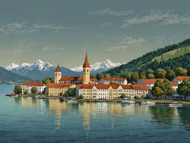 In Bregenz, einer malerischen Stadt am Bodensee in Österreich, zeigt das Bild eine idyllische Uferlandschaft. Im Vordergrund sind Boote zu sehen, die ruhig auf dem Wasser liegen, während sich im Hintergrund beeindruckende Berge erheben. Die Architektur entlang der Küste ist geprägt von charakteristischen Gebäuden mit roten Dächern und einer schönen Mischung aus historischen und modernen Elementen. Besonders auffällig ist der Kirchturm, der mit seinem spitzen Dach ein markantes Merkmal der Stadt darstellt. Das harmonische Zusammenspiel von Wasser, Bergen und Architektur vermittelt eine ruhige und einladende Atmosphäre.