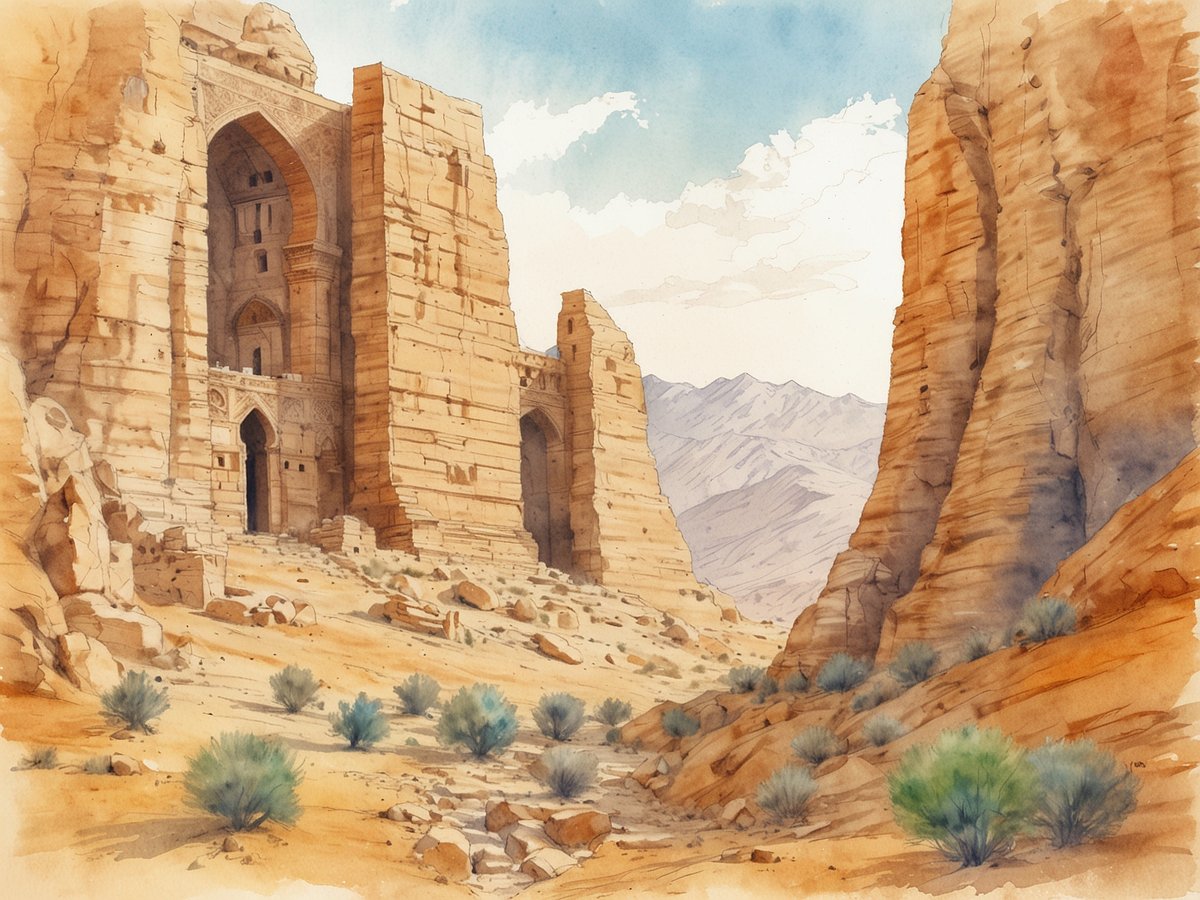 Eine beeindruckende Sandsteinarchitektur steht in der Wüste, umgeben von hohen, schroffen Felsen und sanften Hügeln. Der große Eingangsbereich ist mit kunstvollen architektonischen Details geschmückt. Im Vordergrund wachsen vereinzelte strauchige Pflanzen in der kargen Landschaft. Der Himmel ist leicht bewölkt, und die Berglandschaft im Hintergrund gibt einen Eindruck von der majestätischen Umgebung. Dieses Bild vermittelt das Gefühl von uralter Geschichte und der eindrucksvollen Vielfalt der iranischen Landschaft.