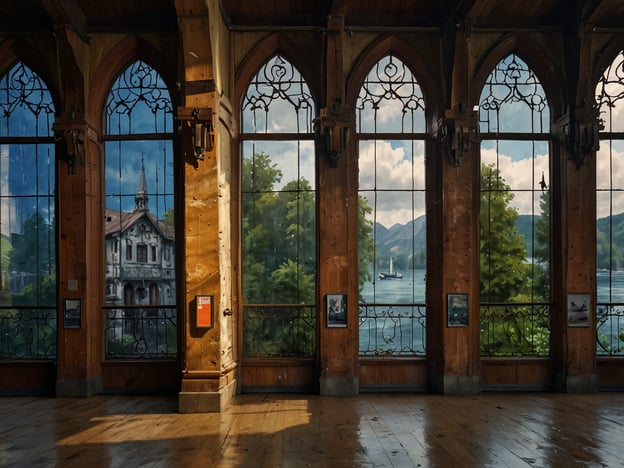 Auf dem Bild ist eine großzügige Fensterfront zu sehen, die einen Blick auf eine malerische Landschaft bietet. Im Hintergrund erkennt man ein schönes historisches Gebäude mit einem spitzen Turm, das von grünem Wald umgeben ist. Draußen am Wasser ist ein Segelboot zu sehen, was auf Freizeitaktivitäten wie Segeln oder Bootfahren hinweist. Die Holzvertäfelung im Raum verleiht ihm eine gemütliche, rustikale Atmosphäre.

Solche Sehenswürdigkeiten könnten für Touristen attraktiv sein, die gern die Natur erkunden, historische Architektur bewundern und Wassersport betreiben möchten. Möglicherweise handelt es sich um einen Ort am See, wo man Wandern, Picknicken oder einfach die Aussicht genießen kann.