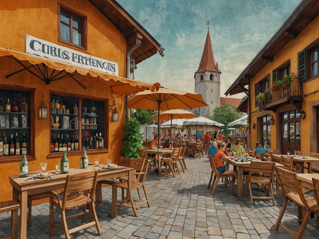 Auf dem Bild ist eine einladende Restaurantterrasse in einem malerischen Ort zu sehen. Die gemütlichen Holztische und -stühle laden dazu ein, die kulinarischen Erlebnisse in Bregenz zu genießen. Gäste sitzen unter Sonnenschirmen und scheinen sich an erfrischenden Getränken und köstlichem Essen zu erfreuen. Im Hintergrund dominiert der charakteristische Kirchturm, der die charmante Atmosphäre der Stadt unterstreicht. Solche Plätze sind ideal, um die regionale Küche und die herzhafte Gastfreundschaft der Vorarlberger Menschen zu erleben.