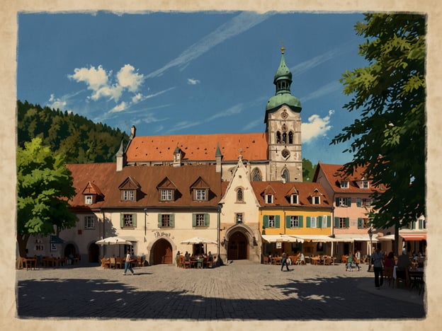 Auf dem Bild ist ein malerischer Marktplatz zu sehen, umgeben von hübschen historischen Gebäuden mit roten Dächern. Im Hintergrund steht eine beeindruckende Kirche mit einem charakteristischen Turm, der einen grünen Helm hat. Dieser Ort könnte typisch für viele charmante Städte in Deutschland sein, besonders in Regionen wie dem Schwarzwald oder der Alpen, wo Tradition und Geschichte eine zentrale Rolle spielen.

Der Platz scheint lebhaft zu sein, mit Menschen, die in den Cafés draußen sitzen und die Atmosphäre genießen. Solche öffentlichen Plätze sind oft das Herzstück von Städten und fördern das gesellschaftliche Leben und kulturelle Veranstaltungen. Hier könnten auch traditionelle Märkte oder Feste stattfinden, bei denen regionale Spezialitäten und Handwerkskunst angeboten werden. Solche Erlebnisse sind nicht nur bereichernd, sondern fördern auch den Austausch zwischen Einheimischen und Touristen.