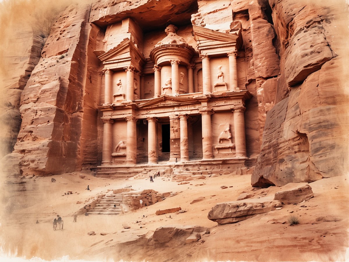Die beeindruckende Fassade des Schatzhauses in Petra, umgeben von hohen, sandfarbigen Felswänden. Vor dem Gebäude sind mehrere Personen zu sehen, die die monumentale Architektur bewundern. Die Szenerie vermittelt eine majestätische und historische Atmosphäre, die die Schönheit und den Reichtum der antiken nabatäischen Kultur hervorhebt. Der Boden ist mit losem Sand und kleinen Steinen bedeckt, was die Wüstenlandschaft von Jordanien widerspiegelt.