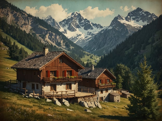 Auf dem Bild sind traditionelle Berghütten in einer malerischen alpinen Landschaft zu sehen, umgeben von hohen Bergen und üppigen Wäldern. Diese Szenerie lädt ein, lokale Spezialitäten zu genießen, die in den gemütlichen Restaurants und Hütten der Region angeboten werden. Hier könnte man zum Beispiel Käsefondue, Rösti oder frisch gekochte Knödel probieren, die typisch für viele alpine Kulturen sind. Eine solche Umgebung ist ideal, um nach einem Tag in der Natur bei regionalen Köstlichkeiten zu entspannen.