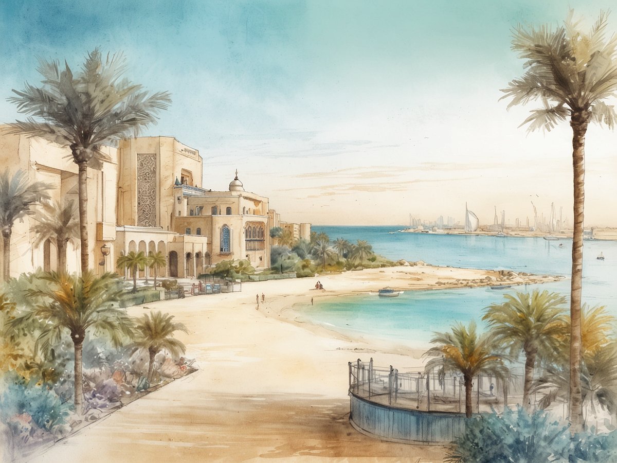 Eine malerische Küstenlandschaft in Bahrain, die das glitzernde Wasser des Persischen Golfes zeigt. Im Vordergrund erstreckt sich ein schöner Sandstrand, umgeben von Palmen und bunten Blumenrabatten. Auf der linken Seite ist eine elegante Architektur zu sehen, die traditionelle arabische Stilelemente vereint. Am Horizont sind moderne Hochhäuser und Segelboote zu erkennen, die dem Bild eine lebendige Atmosphäre verleihen. Der Himmel ist hell und klar, was eine entspannte Urlaubsstimmung vermittelt.