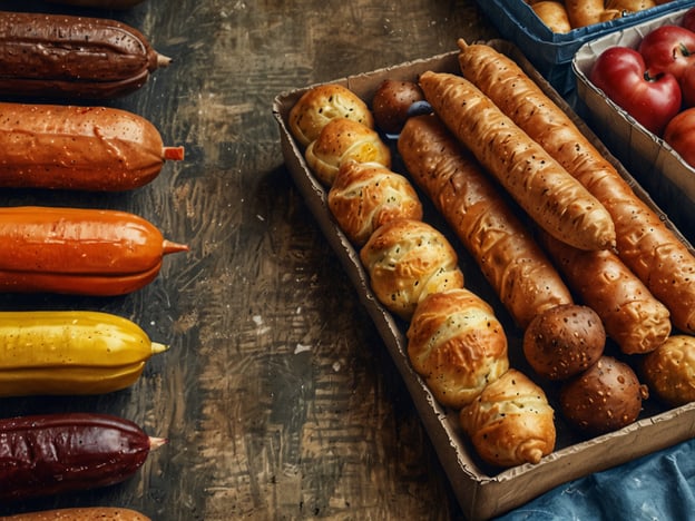 Auf dem Bild sind verschiedene kulinarische Erlebnisse zu sehen. Im Vordergrund befinden sich bunte Würstchen in verschiedenen Farben, die an eine Grillparty oder einen Marktbesuch erinnern. Diese könnten als Leckerbissen für ein Barbecue oder einen Straßenimbiss dienen. 

Rechts sind verschiedene Brotsorten und Brötchen arrangiert, die frisch gebacken aussehen. Diese könnten perfekt für einen Snack oder als Beilage zu den Würstchen dienen. Die Kombination aus bunten Würstchen und krossen Brötchen verspricht ein köstliches Geschmackserlebnis. Am oberen Rand sind sogar einige frische Tomaten zu entdecken, die eine frische Komponente ins Spiel bringen.