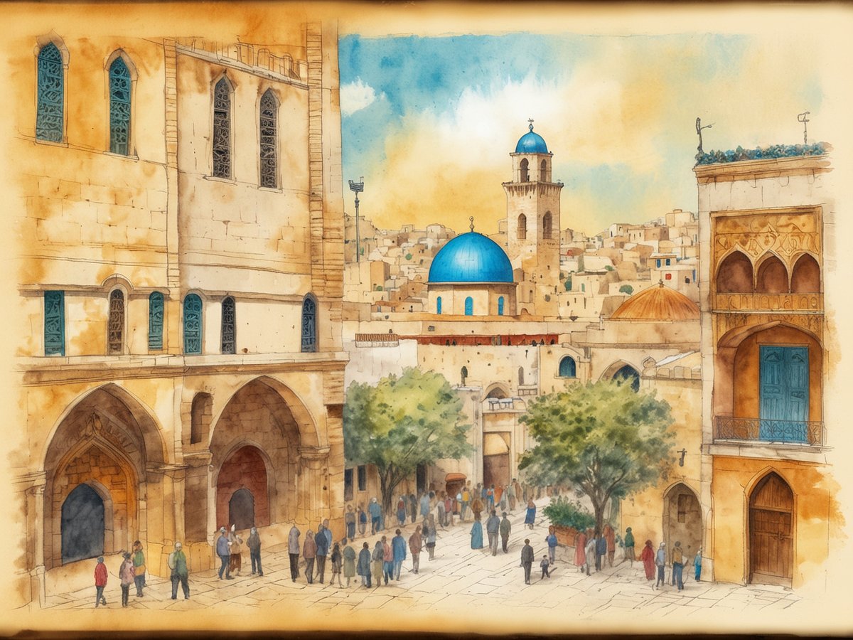 Eine lebendige Straßenszene in einer historischen Stadt in Israel, die moderne und religiöse Architektur zeigt. Die Vordergrundansicht zeigt Menschen, die sich auf dem Platz versammeln, umgeben von alten Gebäuden mit farbigen Fenstern und Bögen. Im Hintergrund ist eine markante Kuppel mit leuchtend blauer Farbe zu sehen, die über der Stadt thront, sowie Türme, die das skylineartige Bild der Stadt abrunden. Die Atmosphäre ist geprägt von einem warmen Licht und einer Mischung aus modernen und traditionellen Elementen, die die kulturelle Vielfalt und Geschichte der Region widerspiegeln.