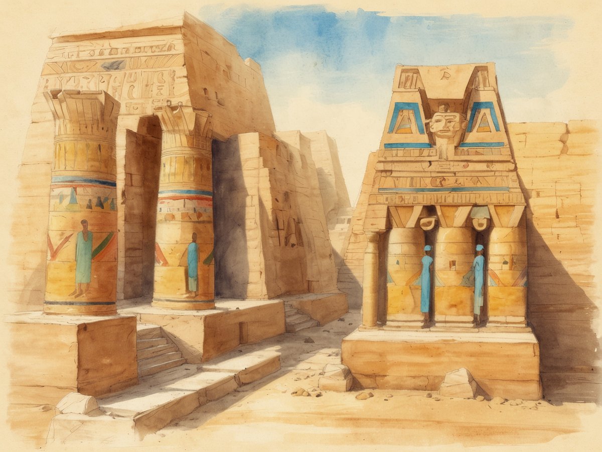 Das Bild zeigt eine ägyptische Tempelarchitektur mit dekorativen Säulen und farbenfrohen Hieroglyphen. Links sind zwei prächtige Säulen mit charakteristischen Mustern und Darstellungen von Menschen zu sehen, die in traditionellen Gewändern gekleidet sind. Die Säulen sind von hellen Sandsteinen umgeben, die die antike Bauweise symbolisieren. Im Hintergrund schimmert ein blauer Himmel und der gesamte Ort strahlt eine mystische Atmosphäre aus, die an die kulturelle Pracht Ägyptens erinnert.