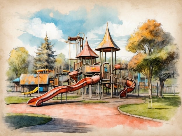 Auf dem Bild ist ein Spielplatz zu sehen, der aus verschiedenen Rutschen und Klettergerüsten besteht. Die Architektur des Spielplatzes ist farbenfroh und verfügt über türmchenartige Strukturen mit spitzen Dächern. Um den Spielplatz herum sind Bäume und Rasenflächen, die eine angenehme, grüne Umgebung schaffen. Das Bild strahlt eine freundliche, einladende Atmosphäre aus, ideal für Kinder zum Spielen und Entdecken.