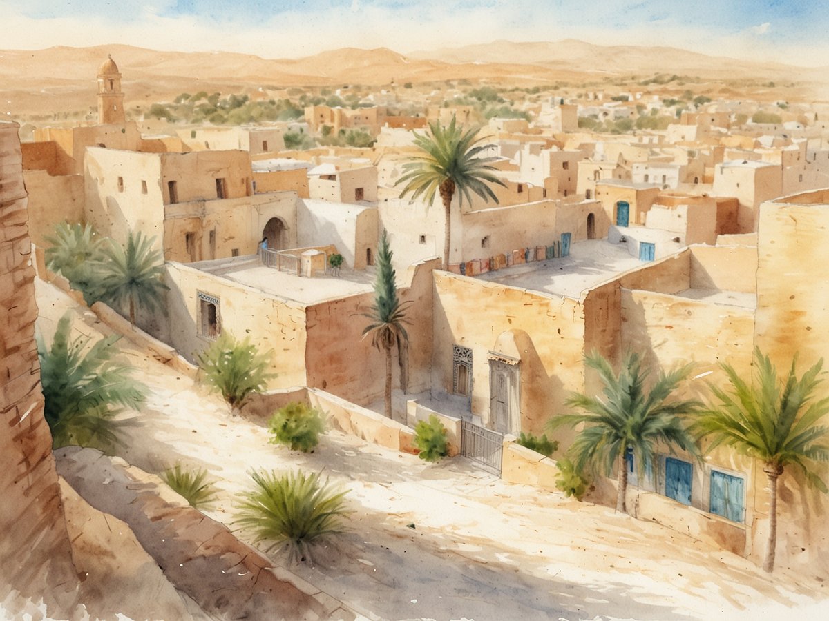 Ein malerisches Panorama eines traditionellen tunesischen Dorfes, das von der Wüste umgeben ist. Die Ansicht zeigt sandfarbenen Lehmhäuser mit blauen Fensterläden und Terrassen, die von grünen Palmen und anderen Pflanzen umgeben sind. Im Hintergrund heben sich sanfte Hügel und die Wüstenlandschaft gegen einen klaren Himmel ab. Der Anblick vermittelt einen Eindruck von der ruhigen, kulturellen Atmosphäre Tunesiens, jenseits des typischen Strandurlaubs.