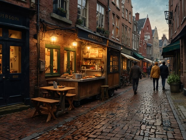 Auf dem Bild ist eine malerische Gasse zu sehen, die von historischen Gebäuden gesäumt ist. In der Mitte steht ein kleiner Imbissstand, der köstliche Speisen anbietet. Die warmen Lichter des Standes verleihen der Szene eine einladende Atmosphäre. Es gibt Tische, an denen man draußen sitzen kann, um die kulinarischen Delikatessen zu genießen, vielleicht frische Snacks oder regionale Spezialitäten. Passanten schlendern durch die Gasse und tragen zur lebhaften Stimmung bei, die den Genuss lokaler Küche und das Erleben der Umgebung verbindet.