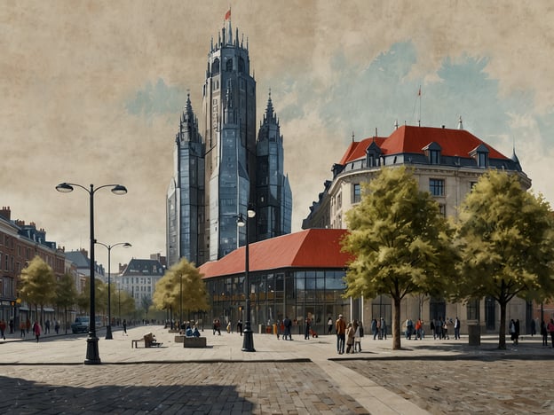 Auf dem Bild ist eine moderne Stadtansicht zu sehen, die möglicherweise Anklänge an Maastricht haben könnte. Die markanten Gebäude mit ihren spitzen Türmen und dem auffälligen roten Dach könnten an die Kombination aus historischer und zeitgenössischer Architektur in Maastricht erinnern. 

Sehenswürdigkeiten, die in Maastricht zu finden sind, umfassen die St. Servatius Basilika, das Bonnefantenmuseum und den Vrijthof. Die lebendige Stadtatmosphäre und die Mischung aus alten und neuen Bauwerken sind charakteristisch für diesen Ort.