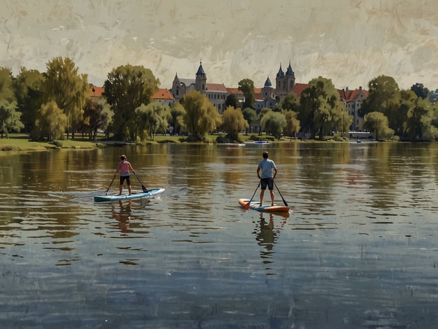 Auf dem Bild sind zwei Personen zu sehen, die auf Stand-Up-Paddleboards auf einem ruhigen Gewässer paddeln. Diese Aktivität ist in Maastricht besonders beliebt, da die Stadt von schönen Flüssen und Seen umgeben ist. 

In Maastricht gibt es viele Möglichkeiten für Wassersport, und Stand-Up-Paddling ist eine großartige Möglichkeit, die Natur zu genießen und aktiv zu sein. Neben dem Paddeln kann man auch Bootstouren unternehmen oder einfach an den Ufern entspannen und die malerische Landschaft der Stadt genießen. Zudem bieten viele lokale Anbieter Kurse und Ausrüstungsverleih an, um Anfängern den Einstieg zu erleichtern.