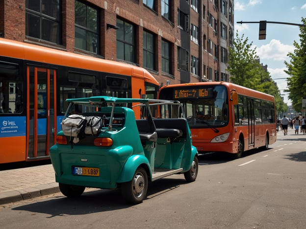 Auf dem Bild sind verschiedene Fortbewegungsmittel in einer städtischen Umgebung zu sehen. Im Vordergrund steht ein kleines, grünes Fahrzeug, das vermutlich als elektrisches Transportmittel dient. Dahinter hält ein orangefarbener Bus, der Passagiere aufnimmt oder absetzt. Die Straße wirkt lebhaft, mit Fußgängern, die sich ebenfalls bewegen. Die Szene zeigt eine nachhaltige und vielseitige Mobilität innerhalb der Stadt.