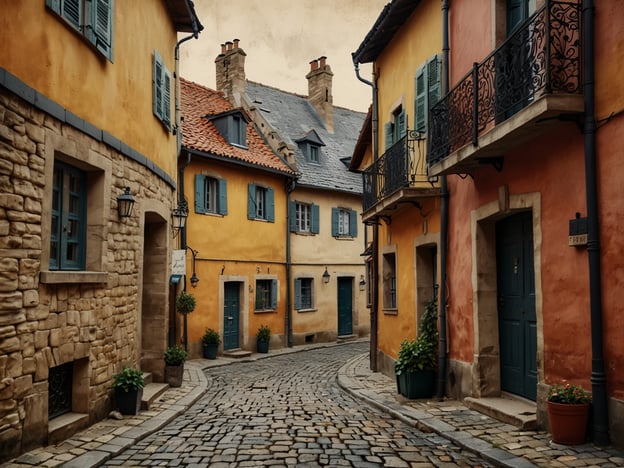 Auf dem Bild ist eine charmante Altstadt mit historischem Flair zu sehen. Enge, gepflasterte Gassen schlängeln sich zwischen bunten, malerischen Häusern mit Fensterläden und liebevollen Details. Die alten Gebäude, einige mit Stein- und Putzfassaden, vermitteln ein Gefühl von Geschichte und Tradition. Pflanzen in Töpfen verleihen der Szene zusätzlich eine freundliche Atmosphäre.