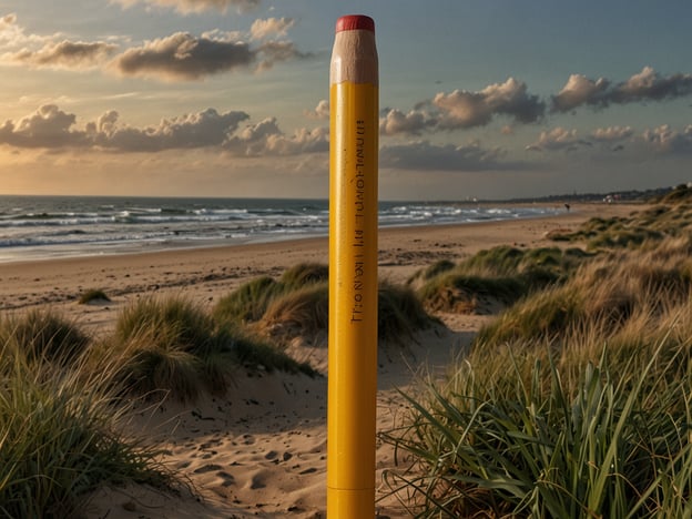 Auf dem Bild ist ein großer gelber Bleistift zu sehen, der im Sandstrand steht, während im Hintergrund das Meer und der Himmel mit Wolken zu sehen sind. Diese Szenerie könnte als Inspiration für kreative Erholung in der Natur rund um Haarlem dienen. Die Strände in dieser Region bieten wunderbare Möglichkeiten für Spaziergänge, Entspannung und das Genießen der Küstenlandschaft. Der Anblick könnte auch zu künstlerischen Aktivitäten anregen, während man die natürliche Schönheit der Umgebung schätzt.