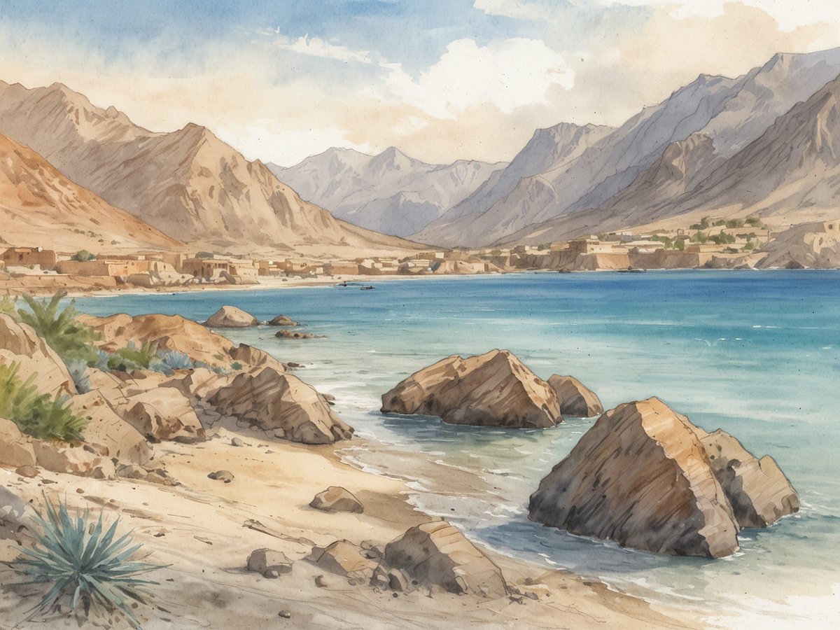 Eine friedliche Küstenlandschaft in Eritrea mit unberührtem Sandstrand und klarer blauer See, umgeben von sanften Berglandschaften. Im Hintergrund sind einige kleine, traditionelle Häuser sichtbar, die sich harmonisch in die natürliche Umgebung einfügen. Große, glatte Steine liegen am Ufer, während die Wellen sanft an den Strand plätschern. Die Berge sind in sanften Erdtönen gehalten und erstrecken sich majestätisch in den Himmel.