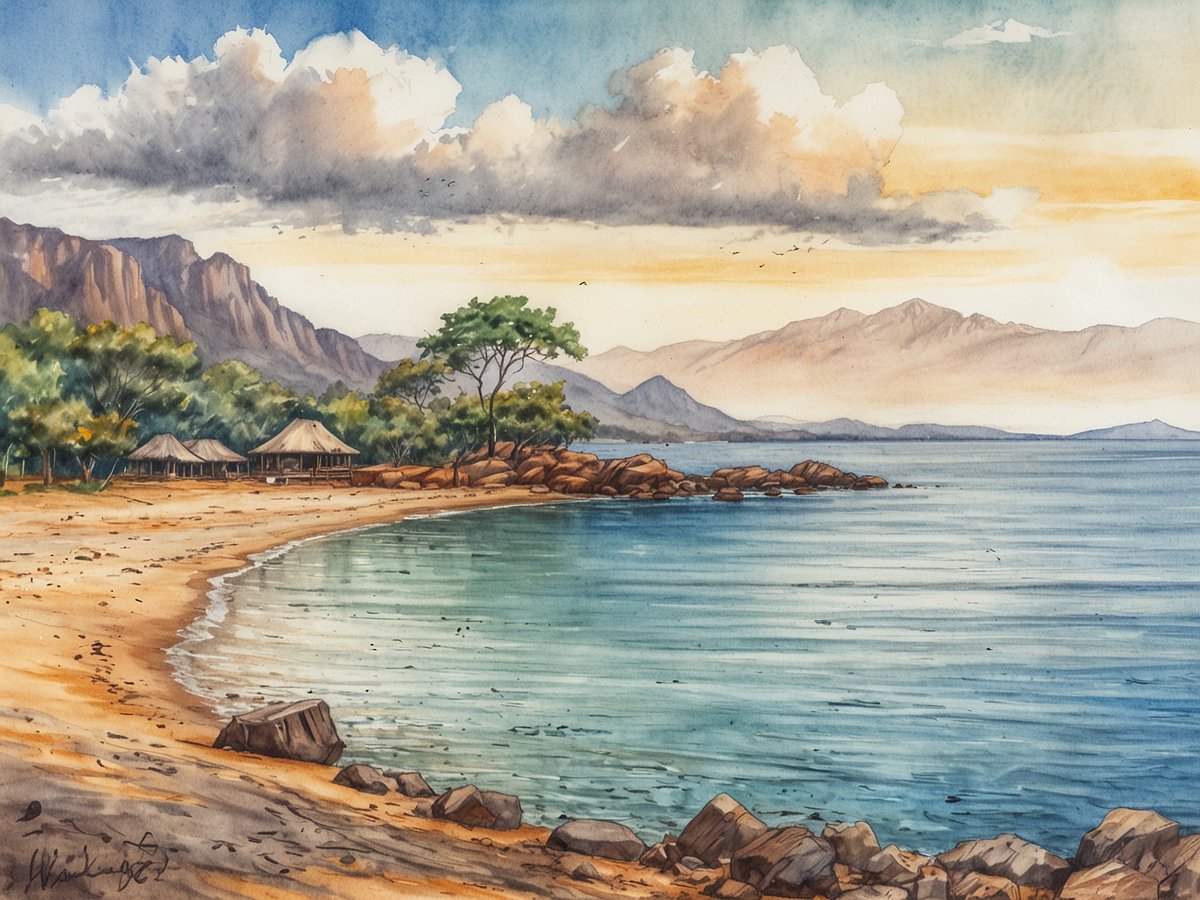 Eine malerische Szenerie am Ufer eines Gewässers in Malawi zeigt sanft geschwungene Strände, die von sanften Wellen umspült werden. Im Hintergrund erheben sich majestätische Berge, während der Himmel von Wolken durchzogen ist, die in neuerlicher Farbenpracht erstrahlen. Auf der linken Seite sind traditionelle Hütten mit schilfgedeckten Dächern zu sehen, umgeben von üppigem Grün. Steine und Felsen säumen den Strand, und die ruhige Wasseroberfläche reflektiert die sanften Farben des Himmels, was ein Gefühl von Frieden und Harmonie vermittelt.